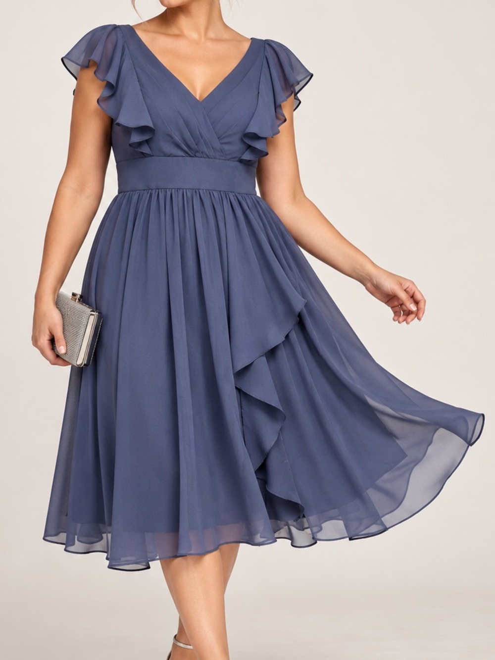 JJ’s House Alexina Stormy Blue Chiffon Ruffle Midi Dress US 16 NWT